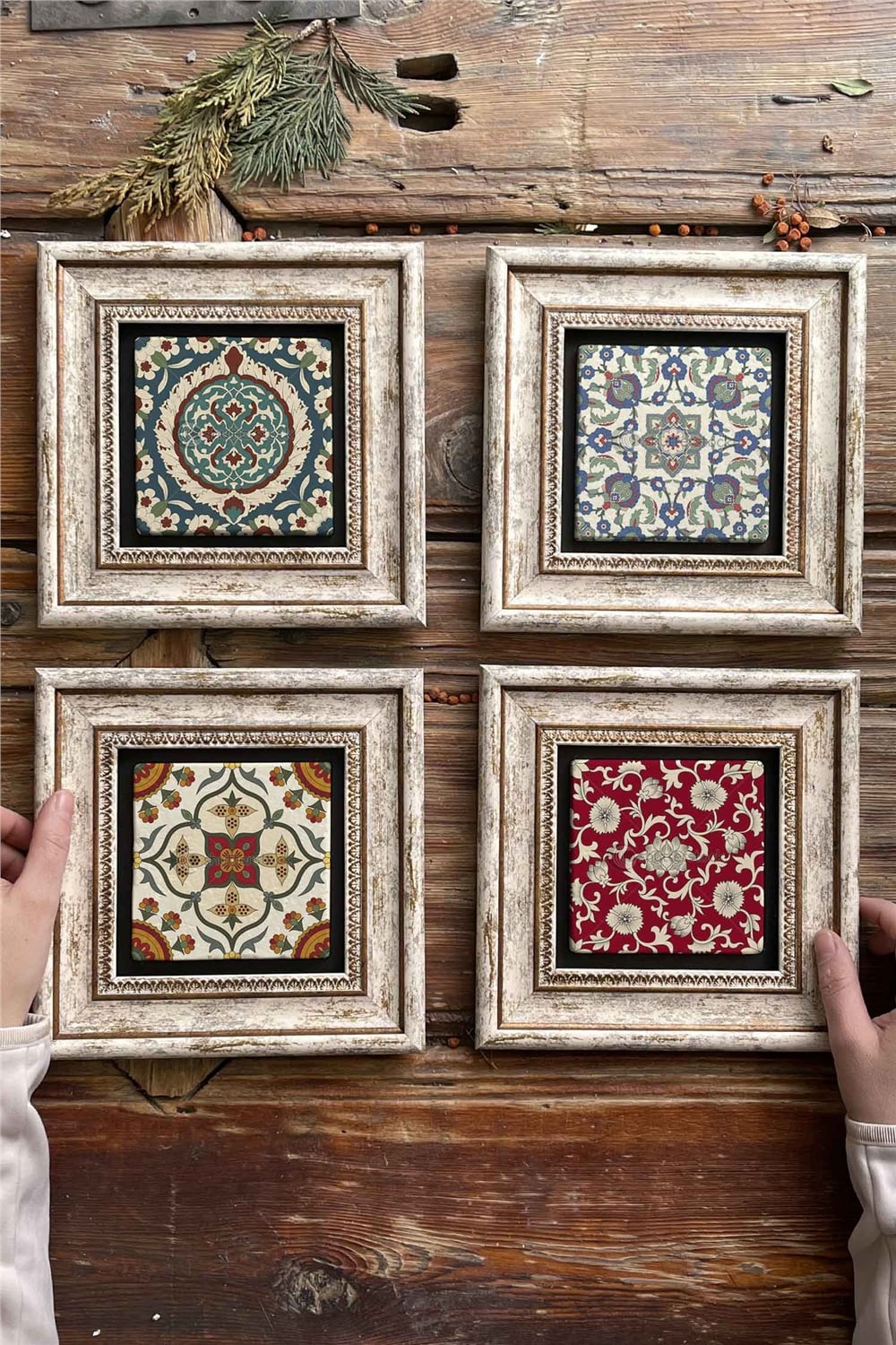 Oscar Stone Decor Çerçeveli Taş Tablo Duvar Dekoru 20x20cm 4'lü Set
