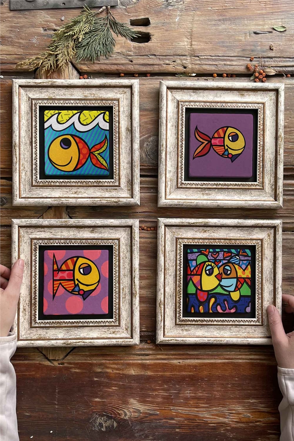 Oscar Stone Decor Çerçeveli Taş Tablo Duvar Dekoru 20x20cm 4'lü Set