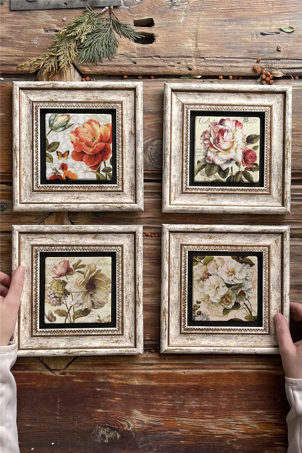 Oscar Stone Decor Çerçeveli Taş Tablo Duvar Dekoru 20x20cm 4'lü Set