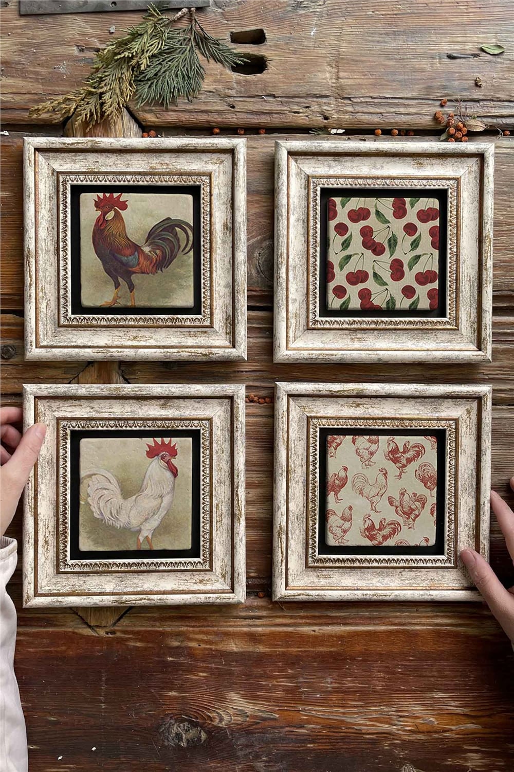Oscar Stone Decor Çerçeveli Taş Tablo Duvar Dekoru 20x20cm 4'lü Set Horoz Seti