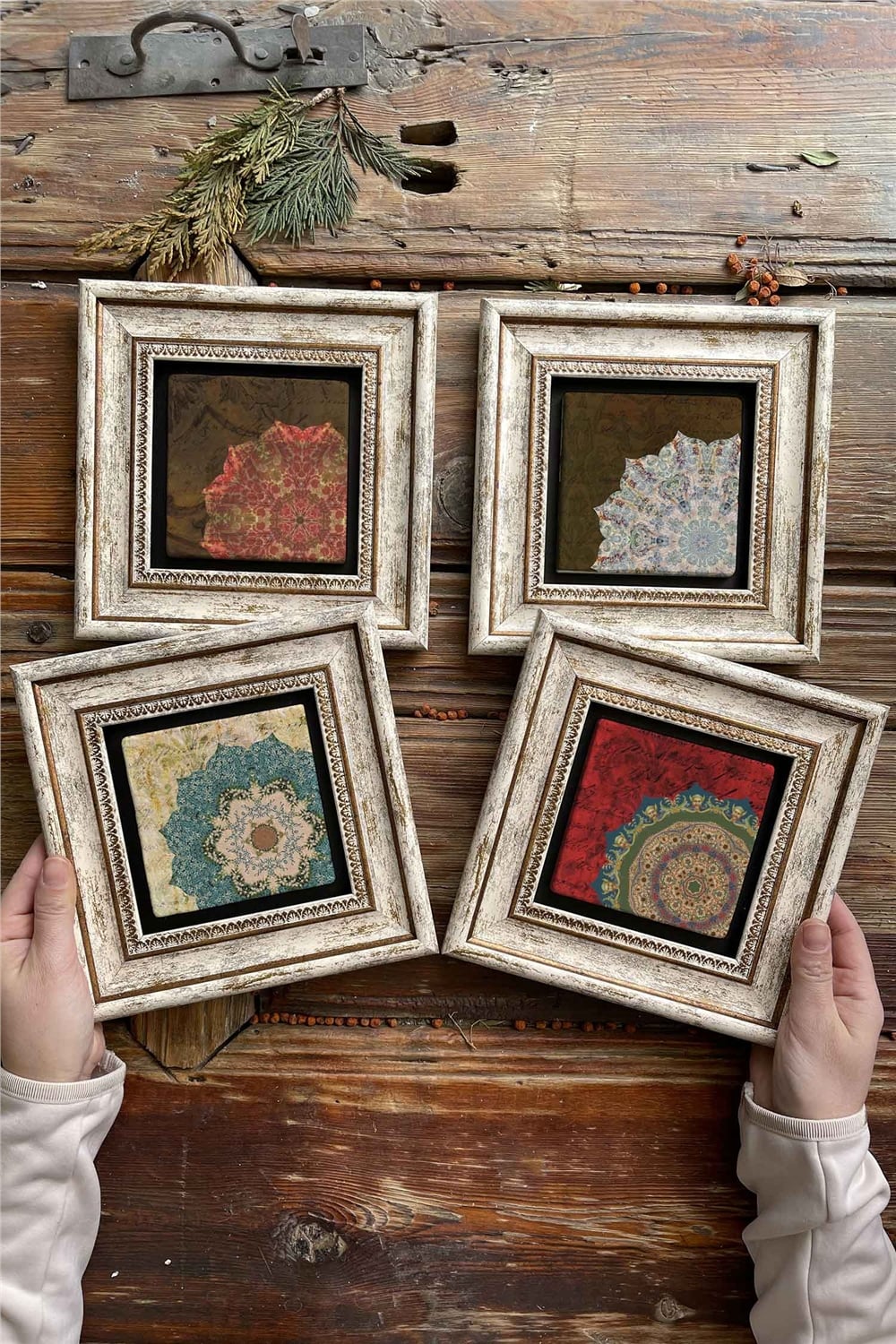 Oscar Stone Decor Çerçeveli Taş Tablo Duvar Dekoru 20x20cm 4'lü Set Nakış Desen Tabloları