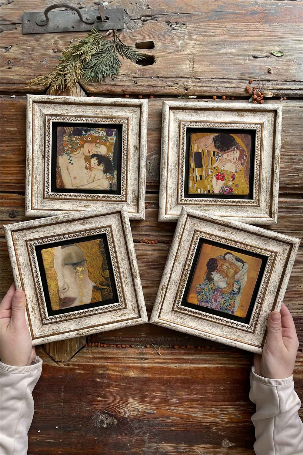 Oscar Stone Decor Çerçeveli Taş Tablo Duvar Dekoru 20x20cm 4'lü Set Gustav Klimt Tabloları