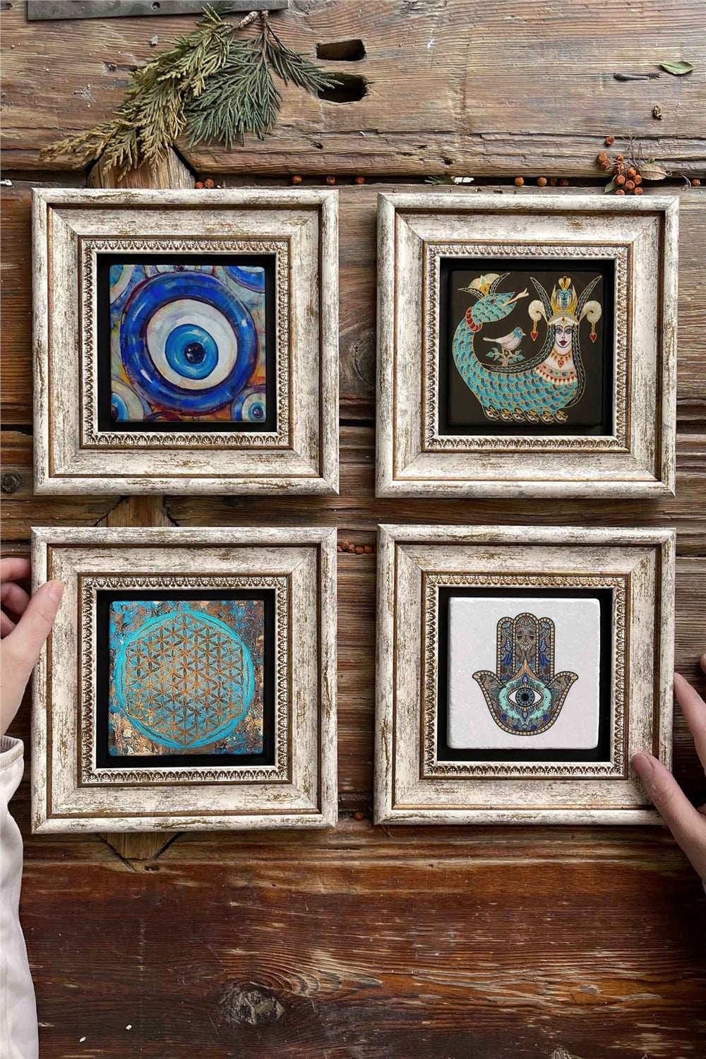 Oscar Stone Decor Çerçeveli Taş Tablo 20x20cm 4'lü Set(1481-1213-1090-114)Nazar Şahmeran Fatma Ana