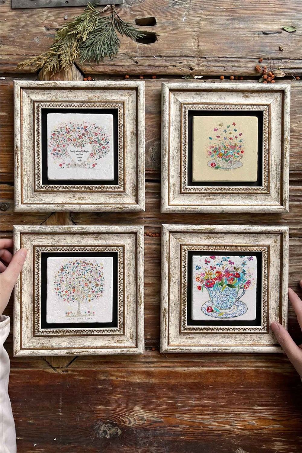 Oscar Stone Decor Çerçeveli Taş Tablo Duvar Dekoru 20x20cm 4'lü Set