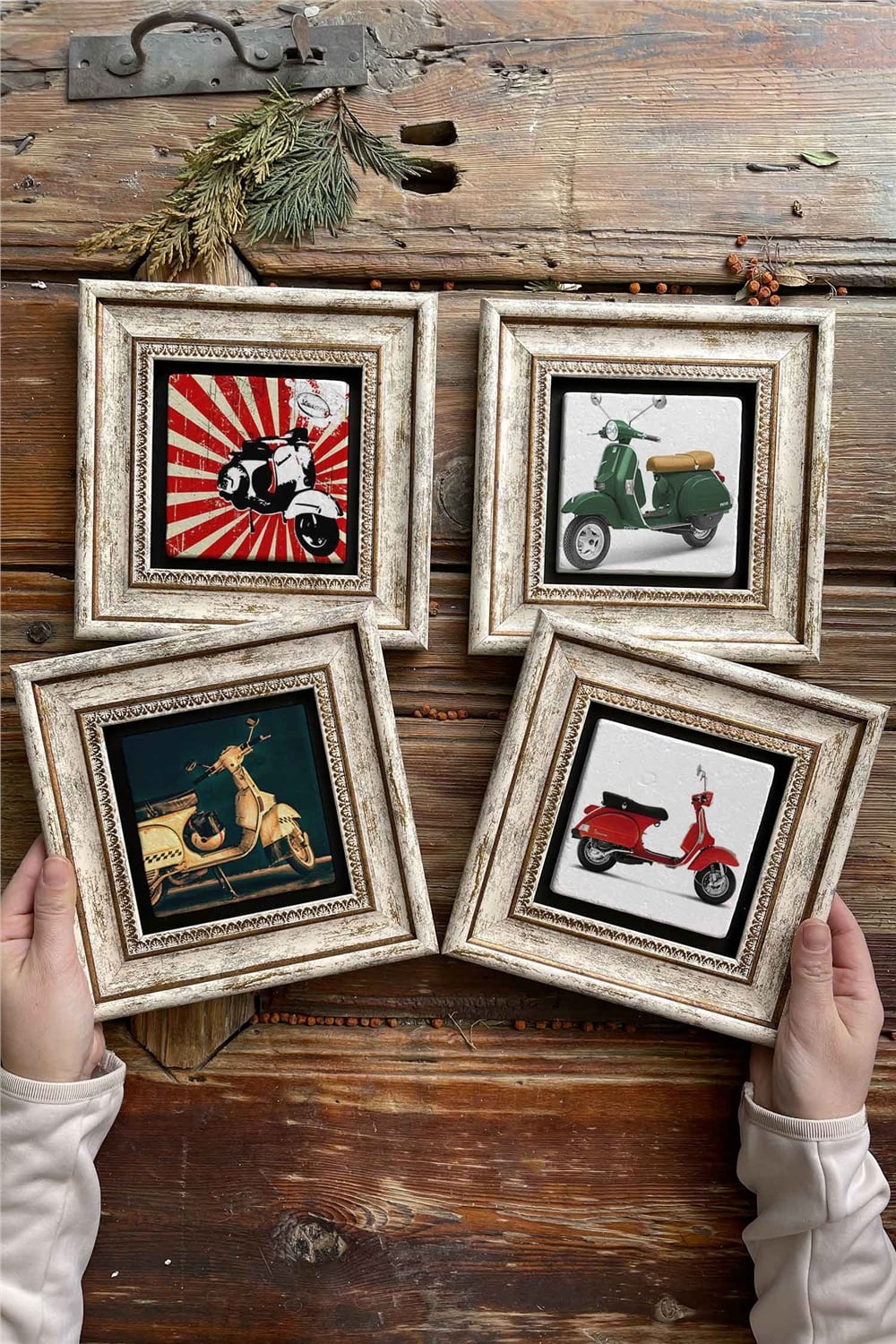 Oscar Stone Decor Çerçeveli Taş Tablo Duvar Dekoru 20x20cm 4'lü Set Vespa Set