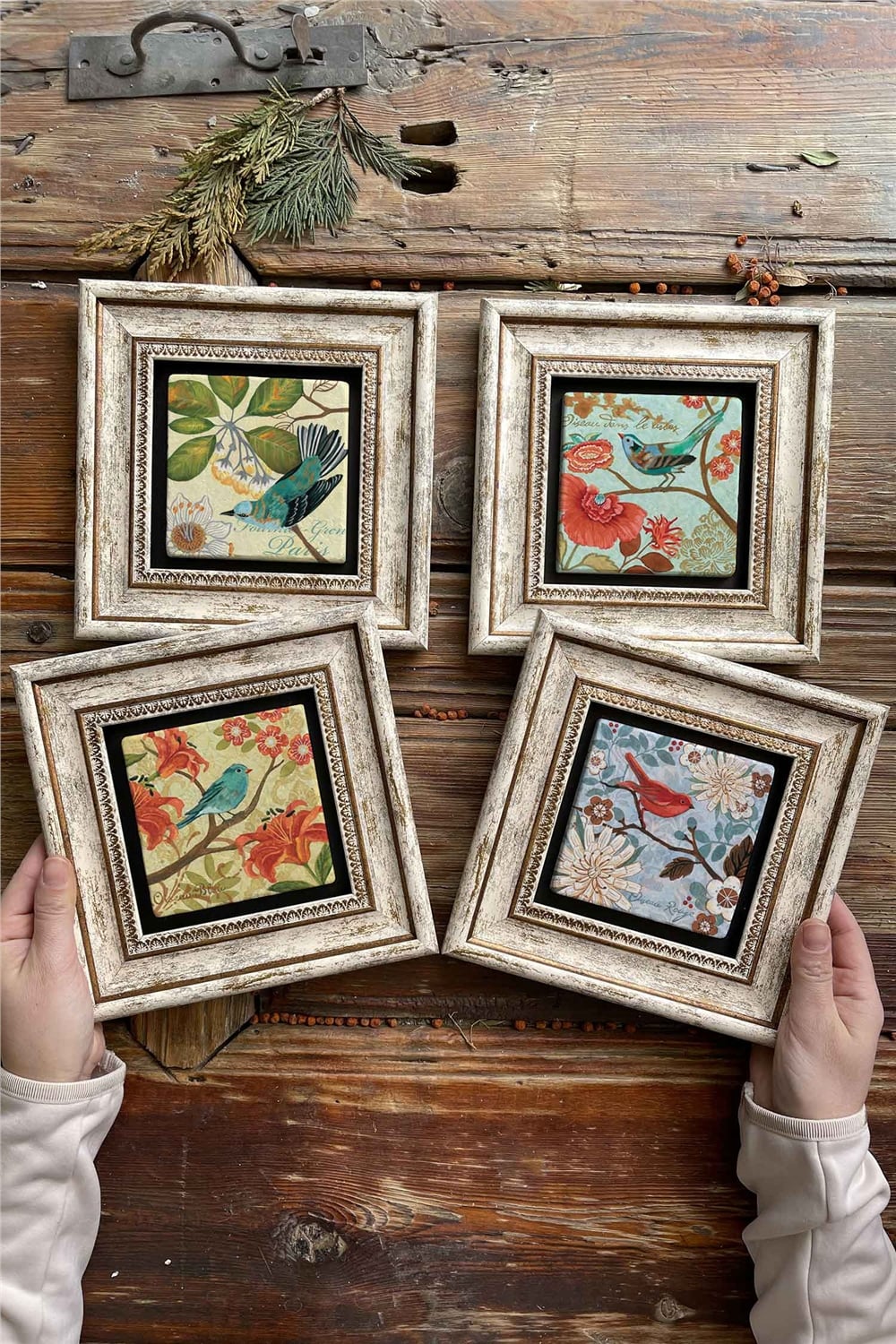 Oscar Stone Decor Çerçeveli Taş Tablo Duvar Dekoru 20x20cm 4'lü Set Kuş Seti