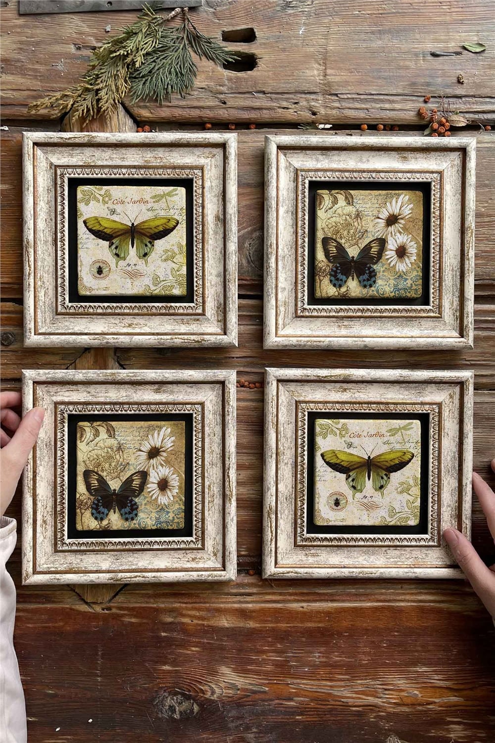 Oscar Stone Decor Çerçeveli Taş Tablo Duvar Dekoru 20x20cm 4'lü Set Kelebek Butterfly Set