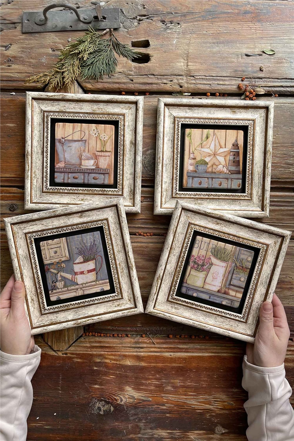 Oscar Stone Decor Çerçeveli Taş Tablo Duvar Dekoru 20x20cm 4'lü Set