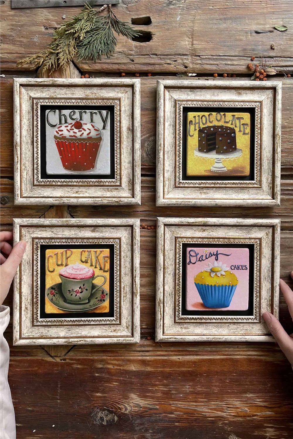 Oscar Stone Decor Çerçeveli Taş Tablo Duvar Dekoru 20x20cm 4'lü Set Cup Cake Kek Seti