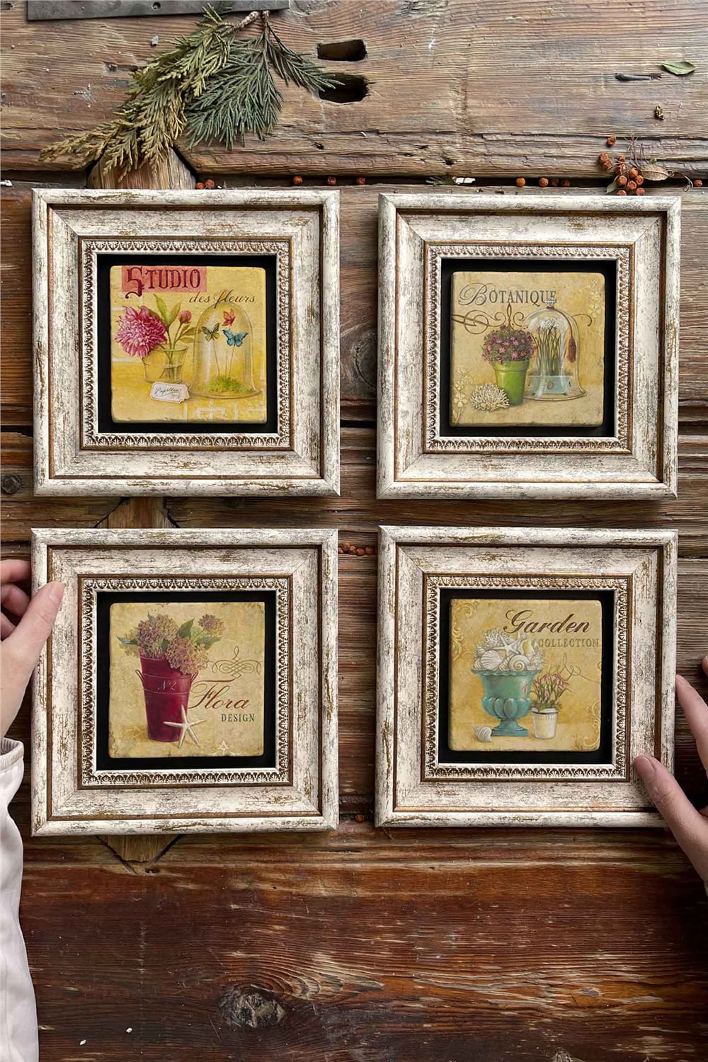 Oscar Stone Decor Çerçeveli Taş Tablo Duvar Dekoru 20x20cm 4'lü Set