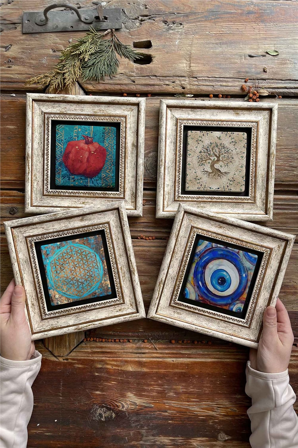 Oscar Stone Decor Çerçeveli Taş Tablo Duvar Dekoru 20x20cm 4'lü Set Nar Nazar Hayat Ağacı