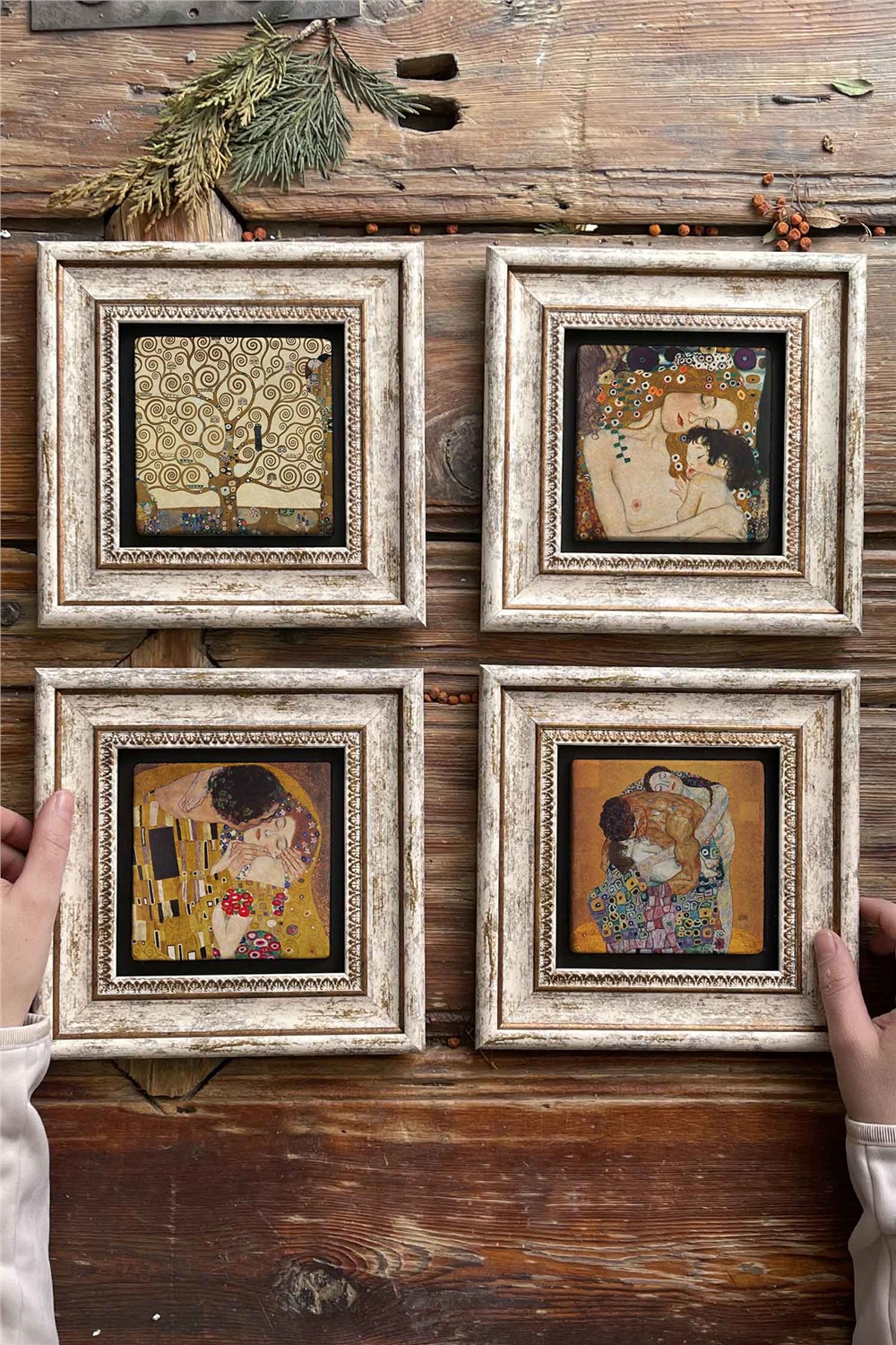 Oscar Stone Decor Çerçeveli Taş Tablo Duvar Dekoru 20x20cm 4'lü Set Gustav Klimt Tabloları