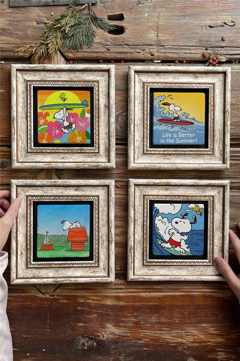 Oscar Stone Decor Çerçeveli Taş Tablo Duvar Dekoru 20x20cm 4'lü Set Snoopy Set