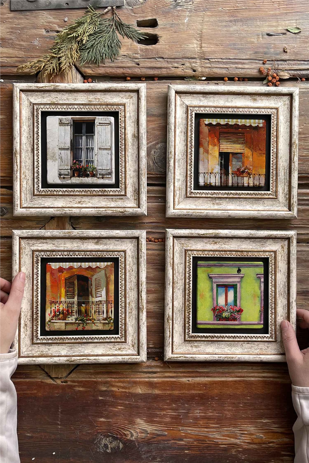 Oscar Stone Decor Çerçeveli Taş Tablo Duvar Dekoru 20x20cm 4'lü Set