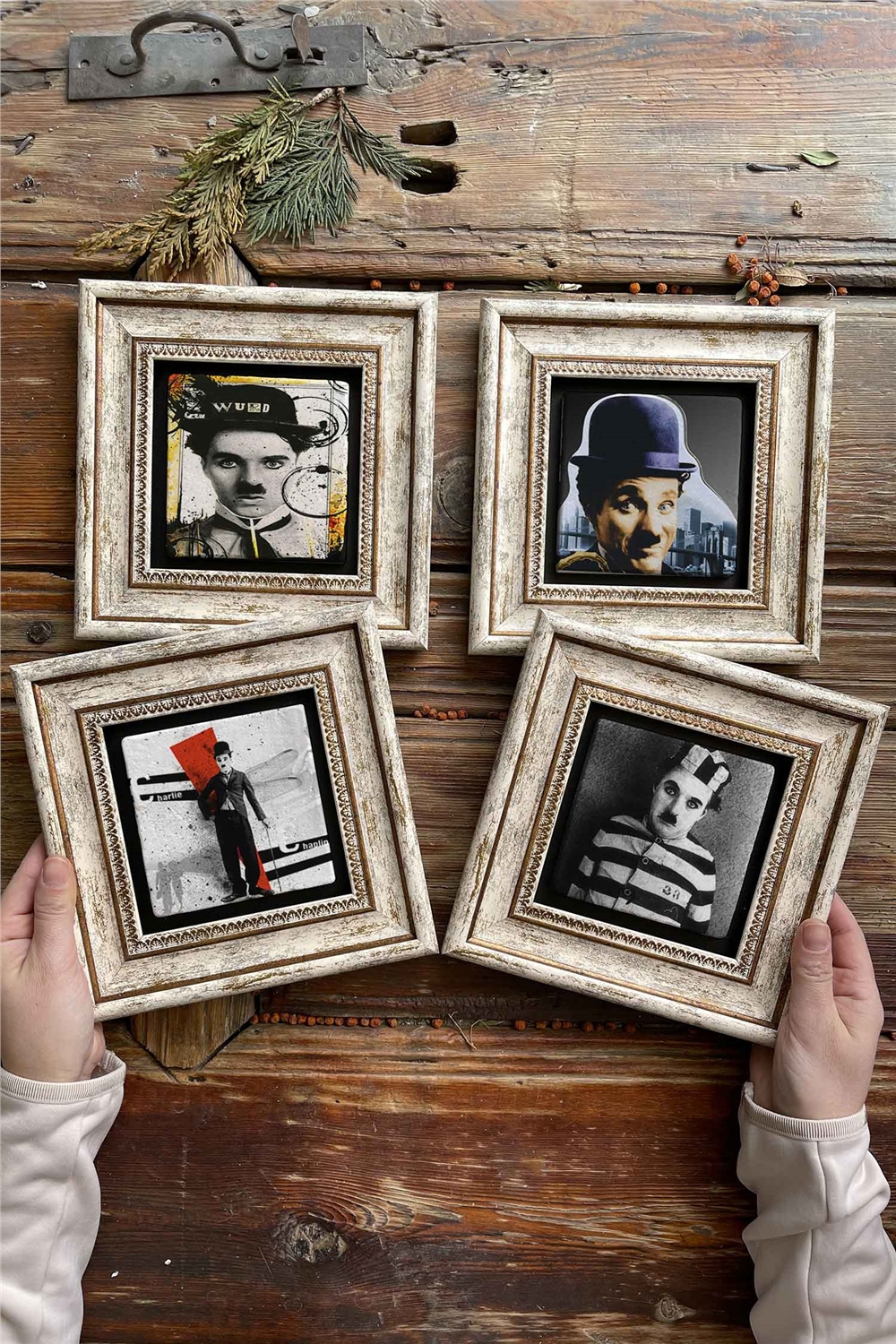 Oscar Stone Decor Çerçeveli Taş Tablo Duvar Dekoru 20x20cm 4'lü Set Charlie Chaplin Seti