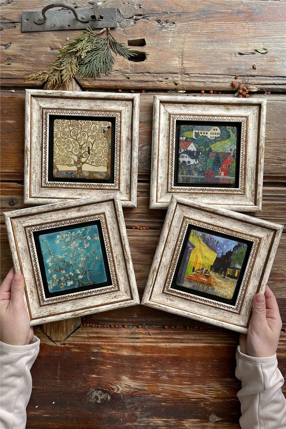 Oscar Stone Decor Çerçeveli Taş Tablo Duvar Dekoru 20x20cm 4'lü Set Gustav Klimt Van Gogh Tabloları