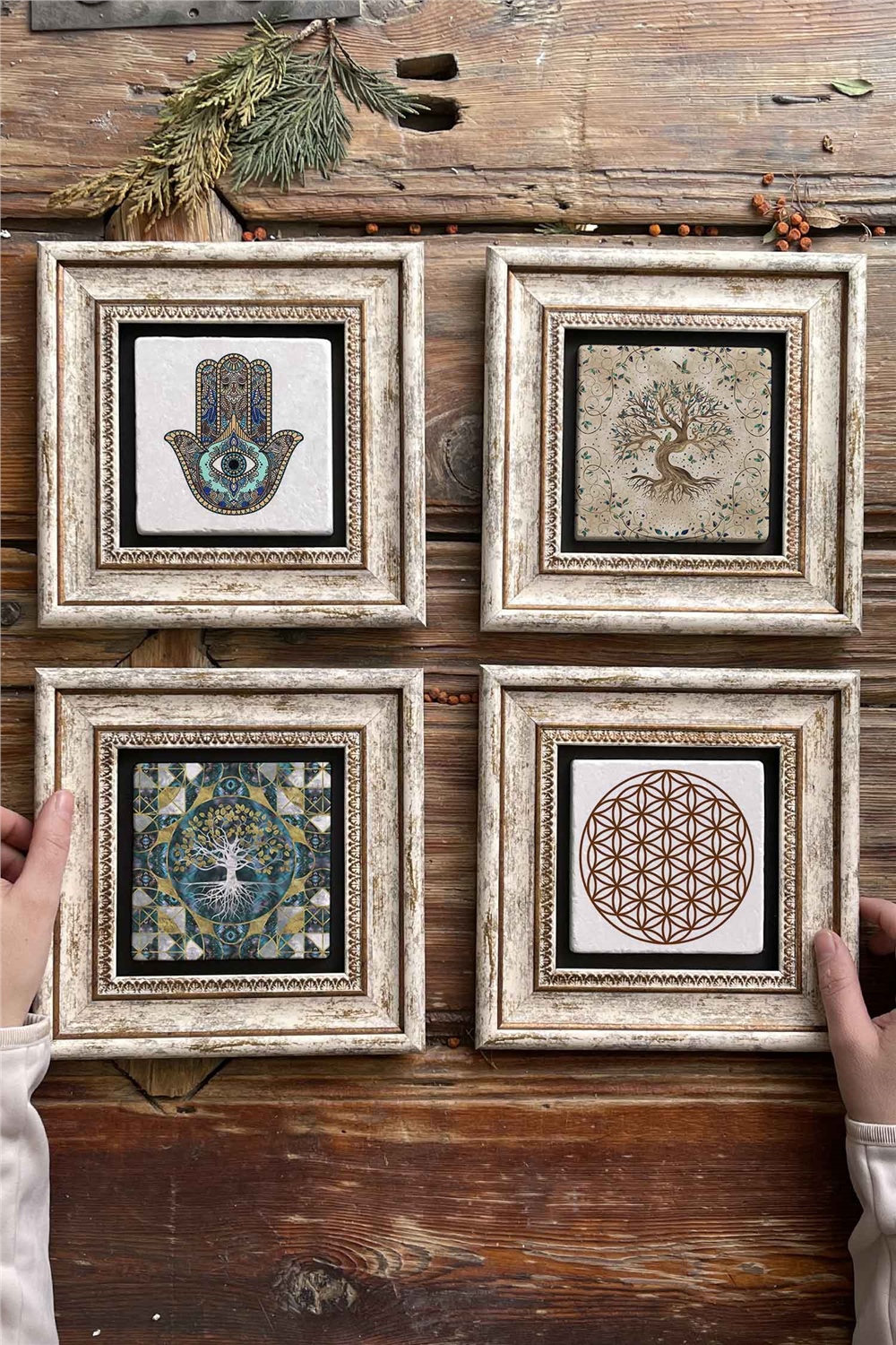 Oscar Stone Decor Çerçeveli Taş Tablo Duvar Dekoru 20x20cm 4'lü Set Fatma Ana Hayat Ağacı