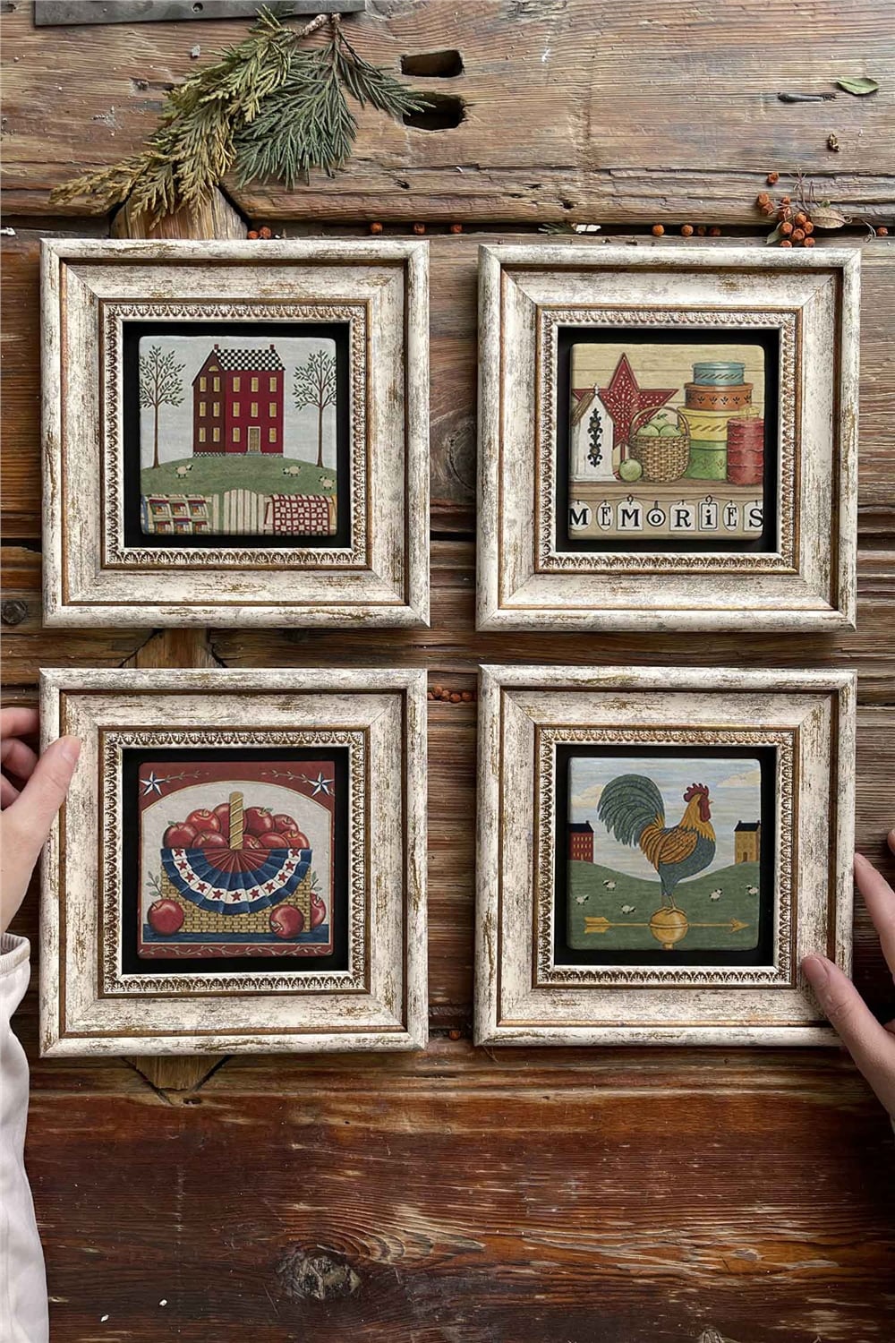 Oscar Stone Decor Çerçeveli Taş Tablo Duvar Dekoru 20x20cm 4'lü Set Vintage Kitchen