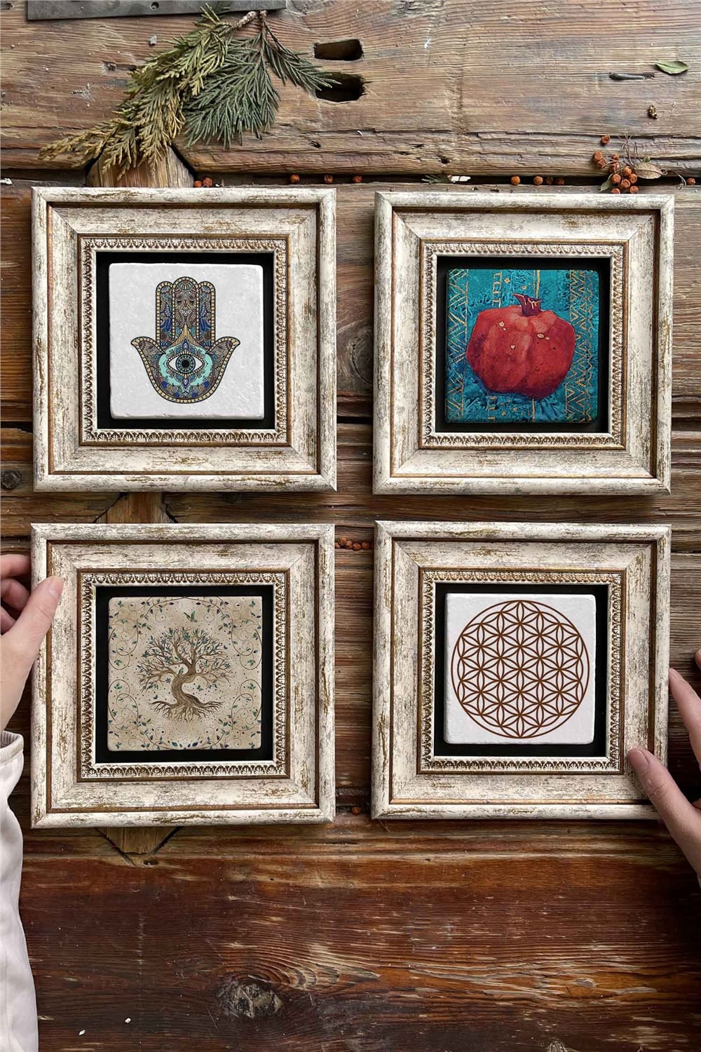 Oscar Stone Decor Çerçeveli Taş Tablo Duvar Dekoru 20x20cm 4'lü Set Fatma Ana Nar Yaşam Çiçeği