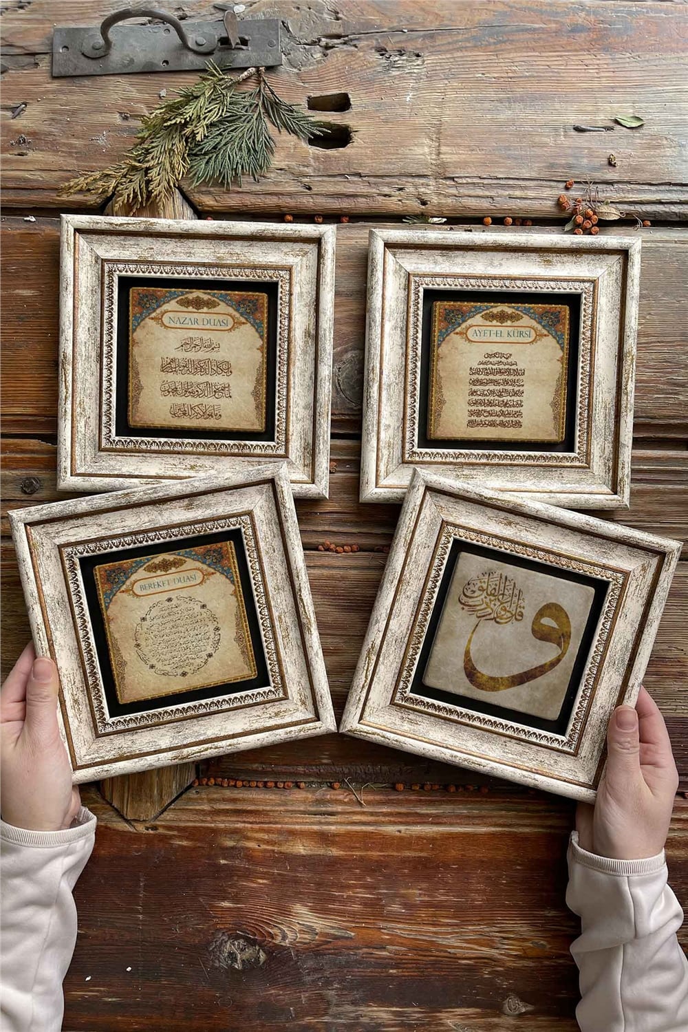 Oscar Stone Decor Çerçeveli Taş Tablo 20x20cm 4'lü Set(464-463-462-384)Nazar Ayetel Bereket Dua Vav