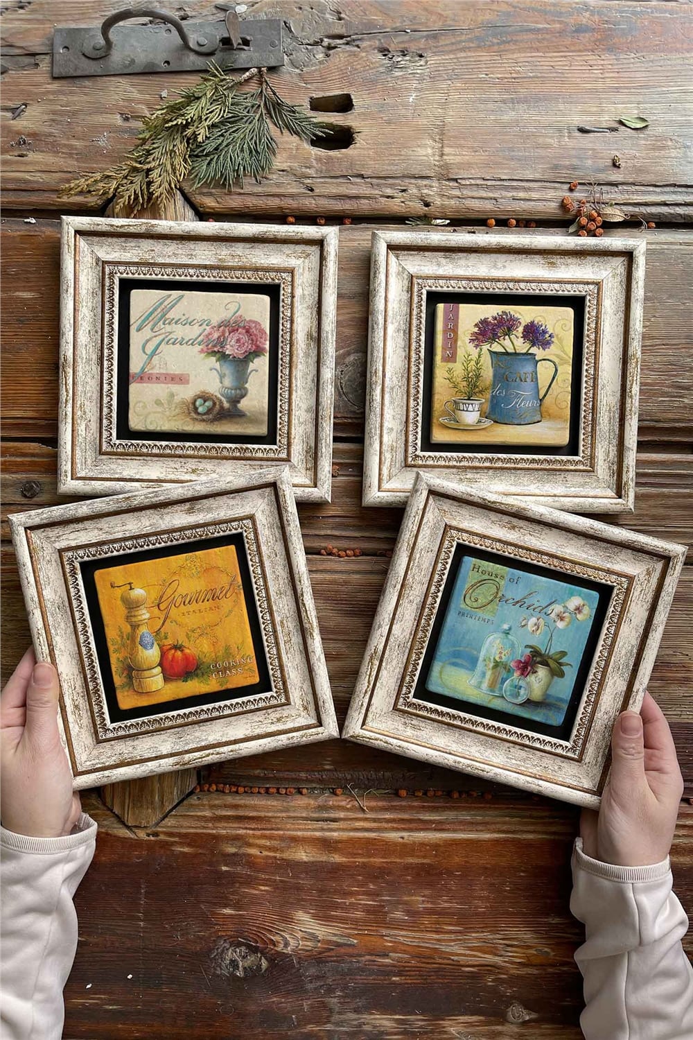 Oscar Stone Decor Çerçeveli Taş Tablo Duvar Dekoru 20x20cm 4'lü Set