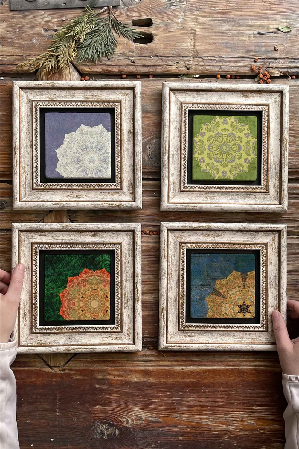 Oscar Stone Decor Çerçeveli Taş Tablo Duvar Dekoru 20x20cm 4'lü Set Nakış Desen Tabloları