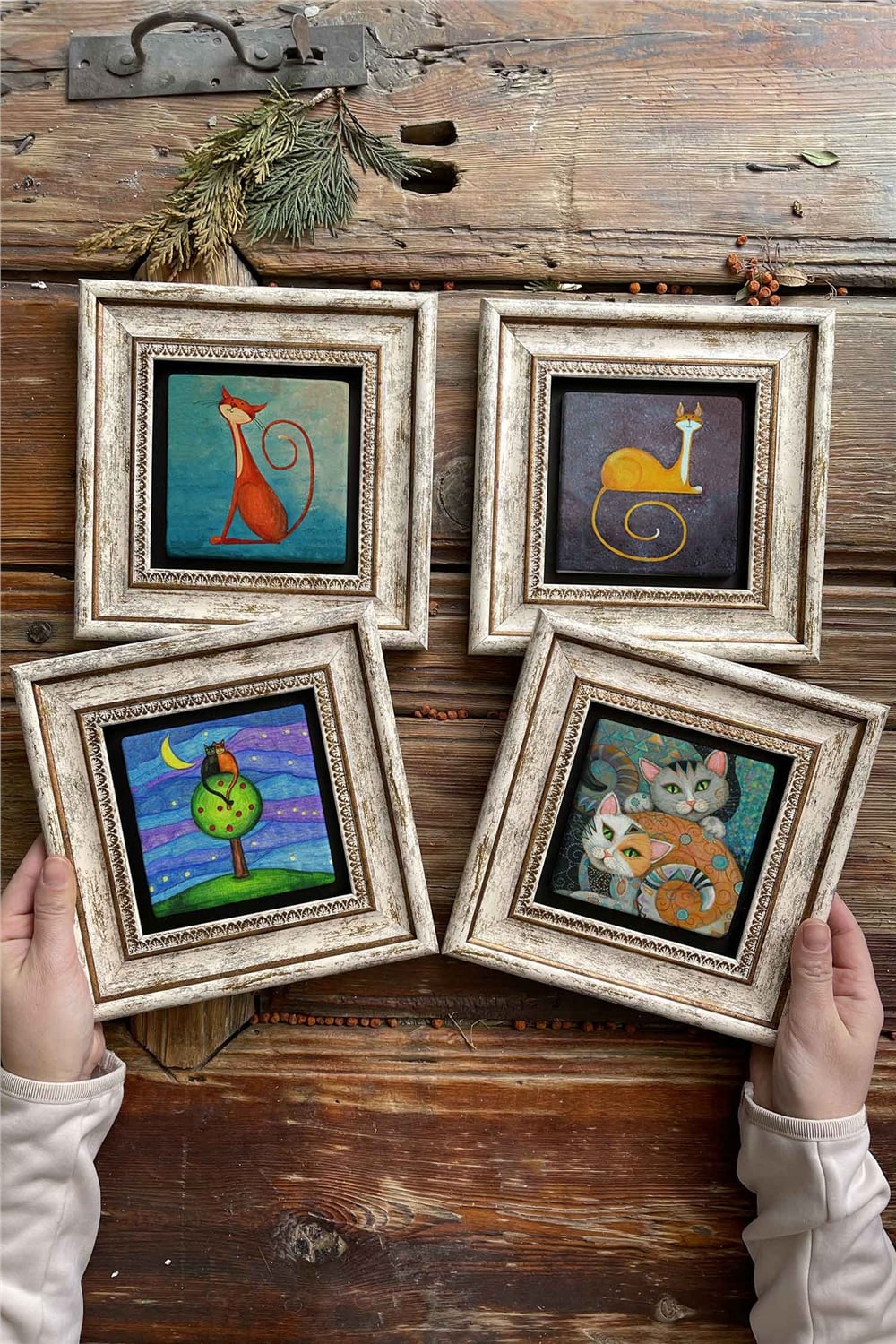 Oscar Stone Decor Çerçeveli Taş Tablo Duvar Dekoru 20x20cm 4'lü Set Kedi Seti