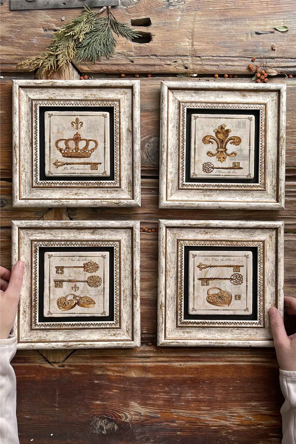 Oscar Stone Decor Çerçeveli Taş Tablo Duvar Dekoru 20x20cm 4'lü Set