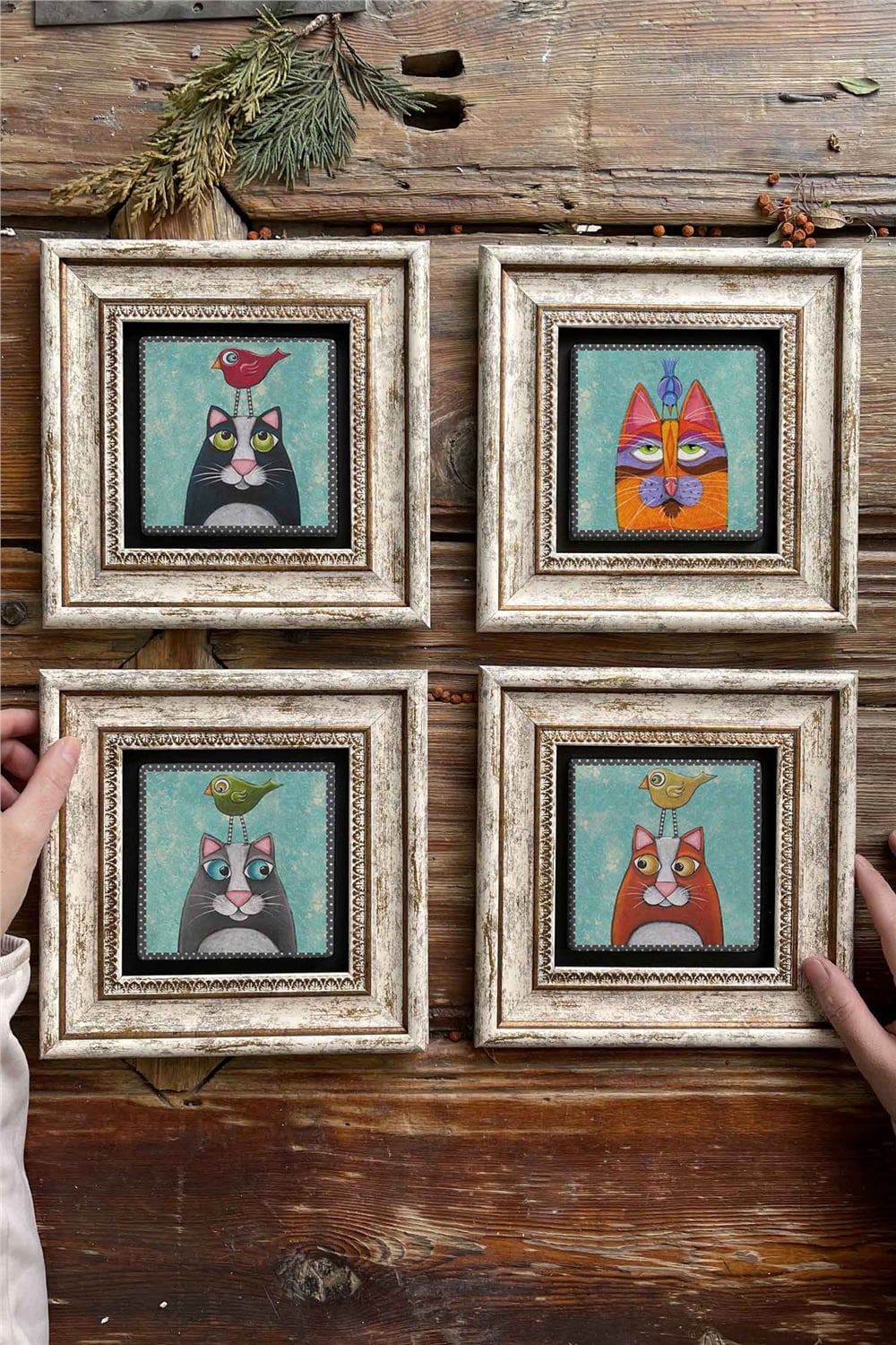 Oscar Stone Decor Çerçeveli Taş Tablo Duvar Dekoru 20x20cm 4'lü Set Kedi Kuş Seti