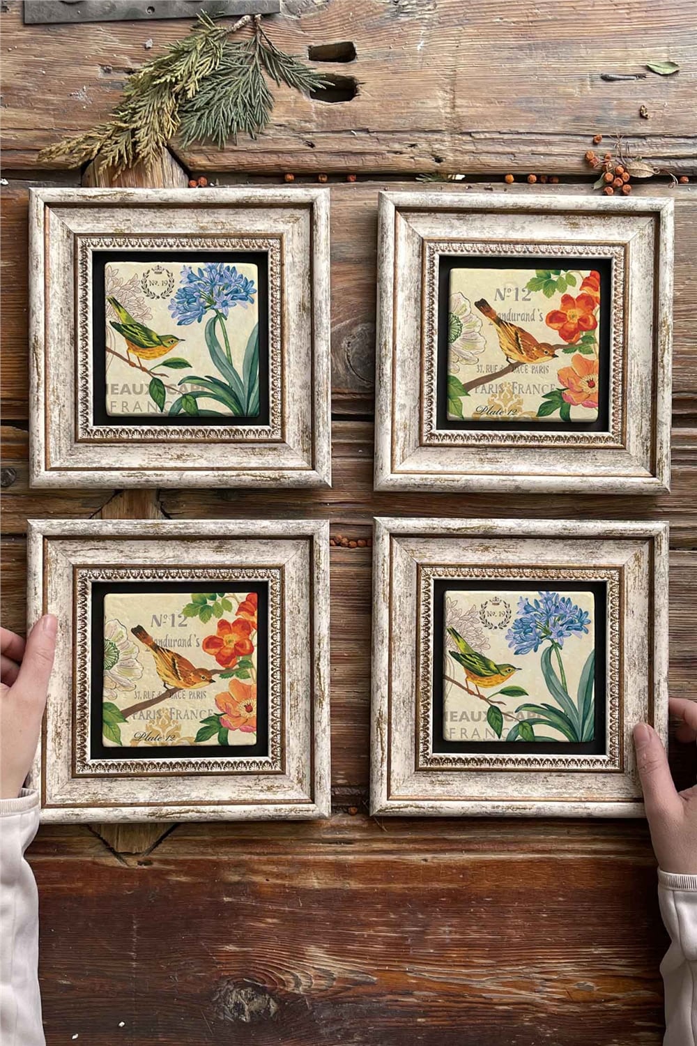 Oscar Stone Decor Çerçeveli Taş Tablo Duvar Dekoru 20x20cm 4'lü Set Kuş Seti