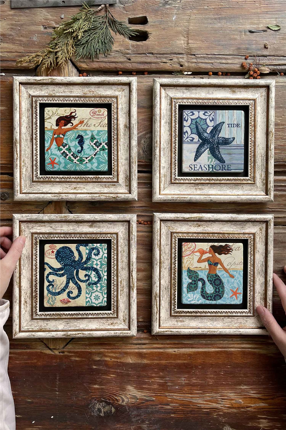 Oscar Stone Decor Çerçeveli Taş Tablo Duvar Dekoru 20x20cm 4'lü Set Seashore Set