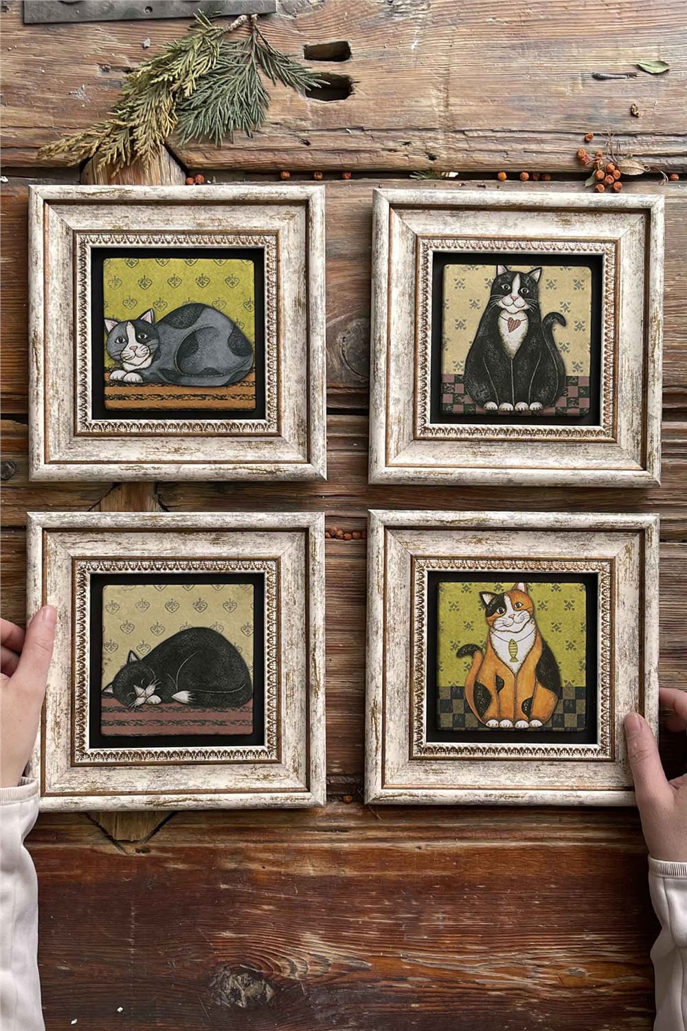 Oscar Stone Decor Çerçeveli Taş Tablo Duvar Dekoru 20x20cm 4'lü Set Kediler Seti Cats Set