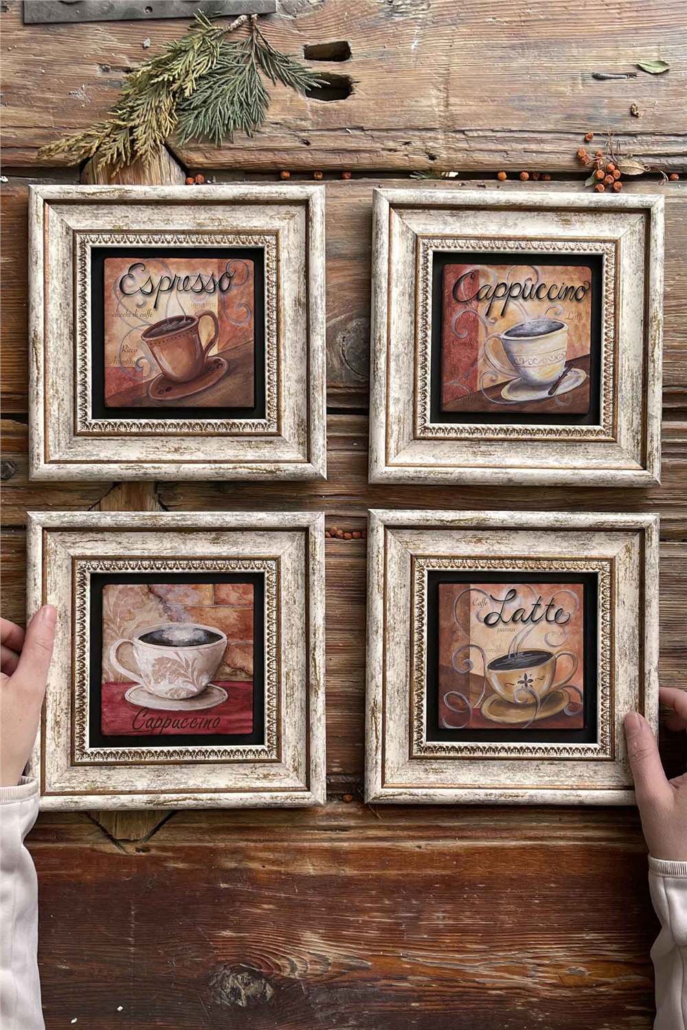 Oscar Stone Decor Çerçeveli Taş Tablo Duvar Dekoru 20x20cm 4'lü Set Espresso Latte Cappucino Set