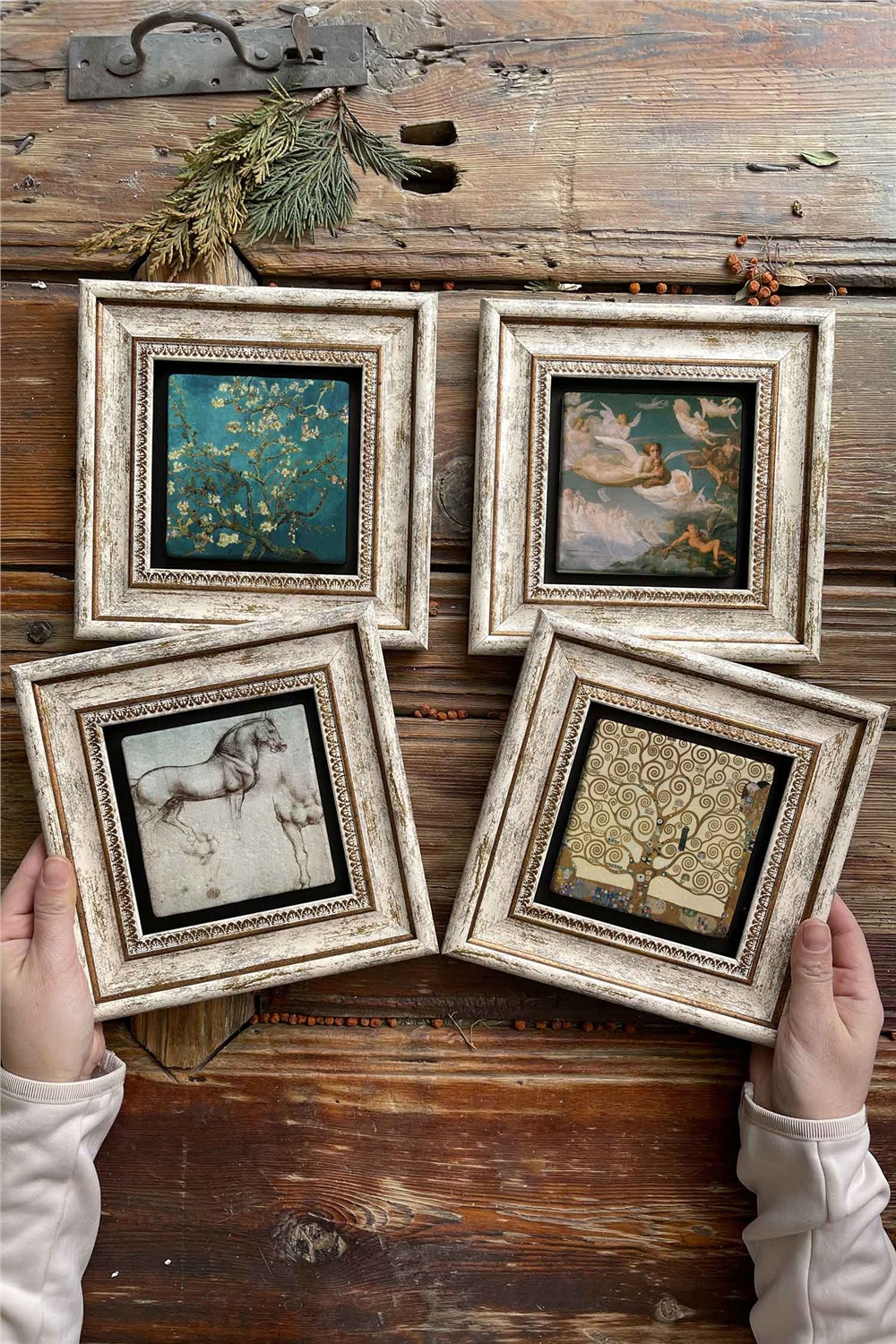 Oscar Stone Decor Çerçeveli Taş Tablo Duvar Dekoru 20x20cm 4'lü Set Gustav Klimt Tabloları