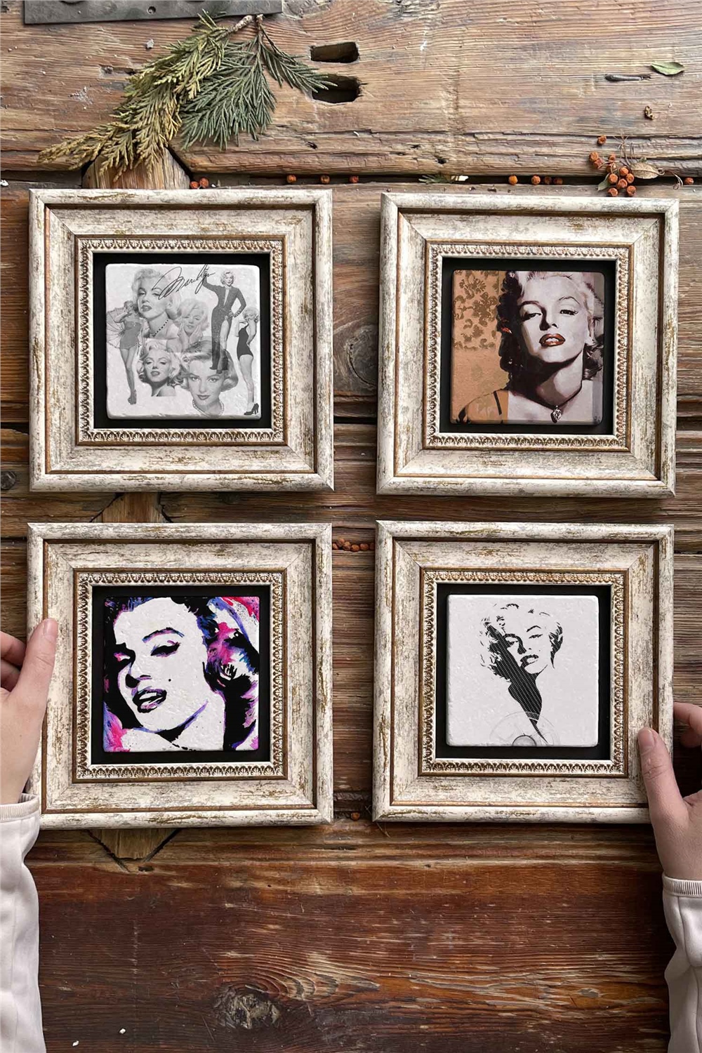 Oscar Stone Decor Çerçeveli Taş Tablo Duvar Dekoru 20x20cm 4'lü Set Marilyn Monreo Set