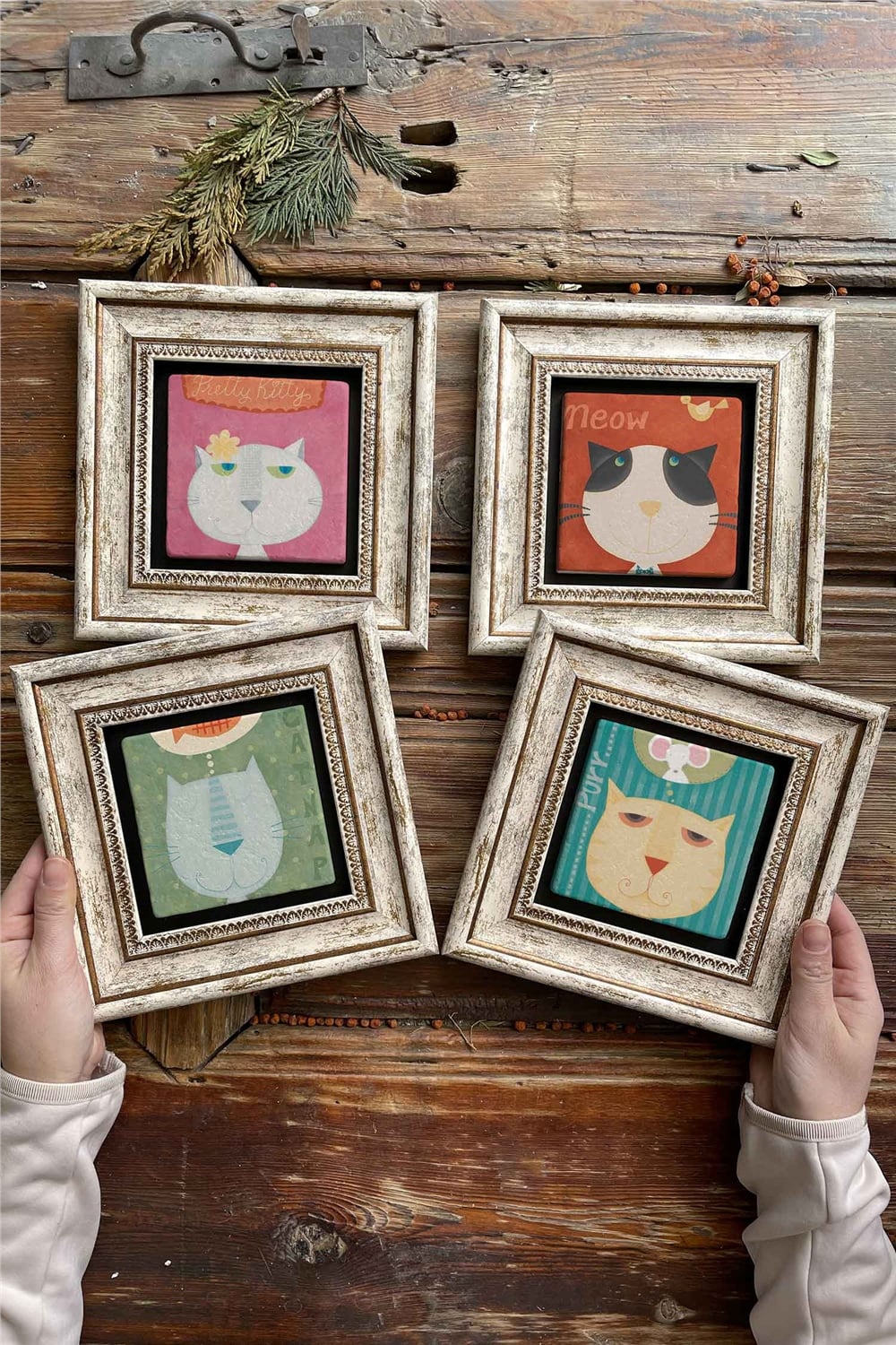 Oscar Stone Decor Çerçeveli Taş Tablo Duvar Dekoru 20x20cm 4'lü Set Meow Set Kedi Tabloları