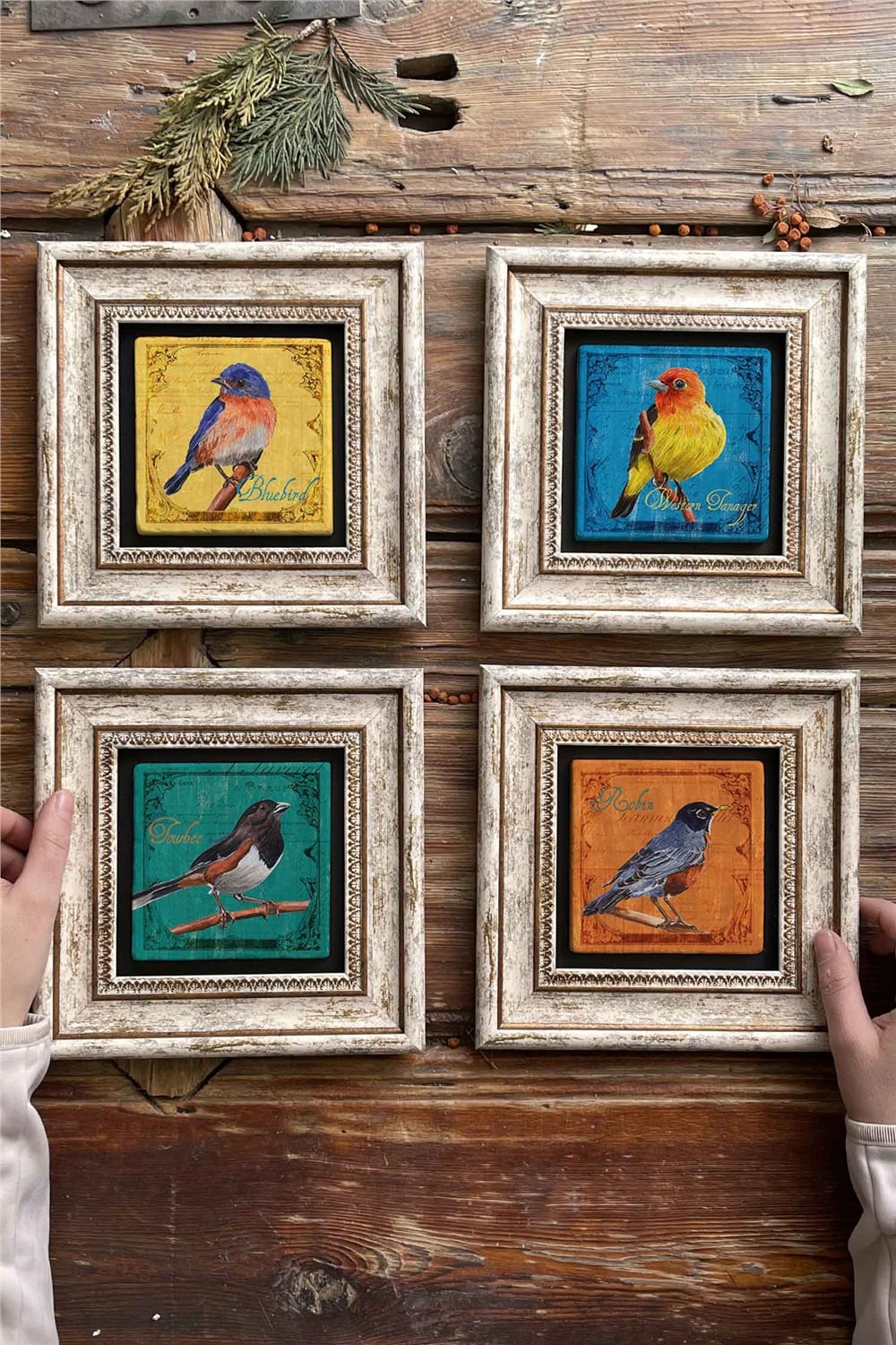 Oscar Stone Decor Çerçeveli Taş Tablo Duvar Dekoru 20x20cm 4'lü Set Renkli Kuş Seti
