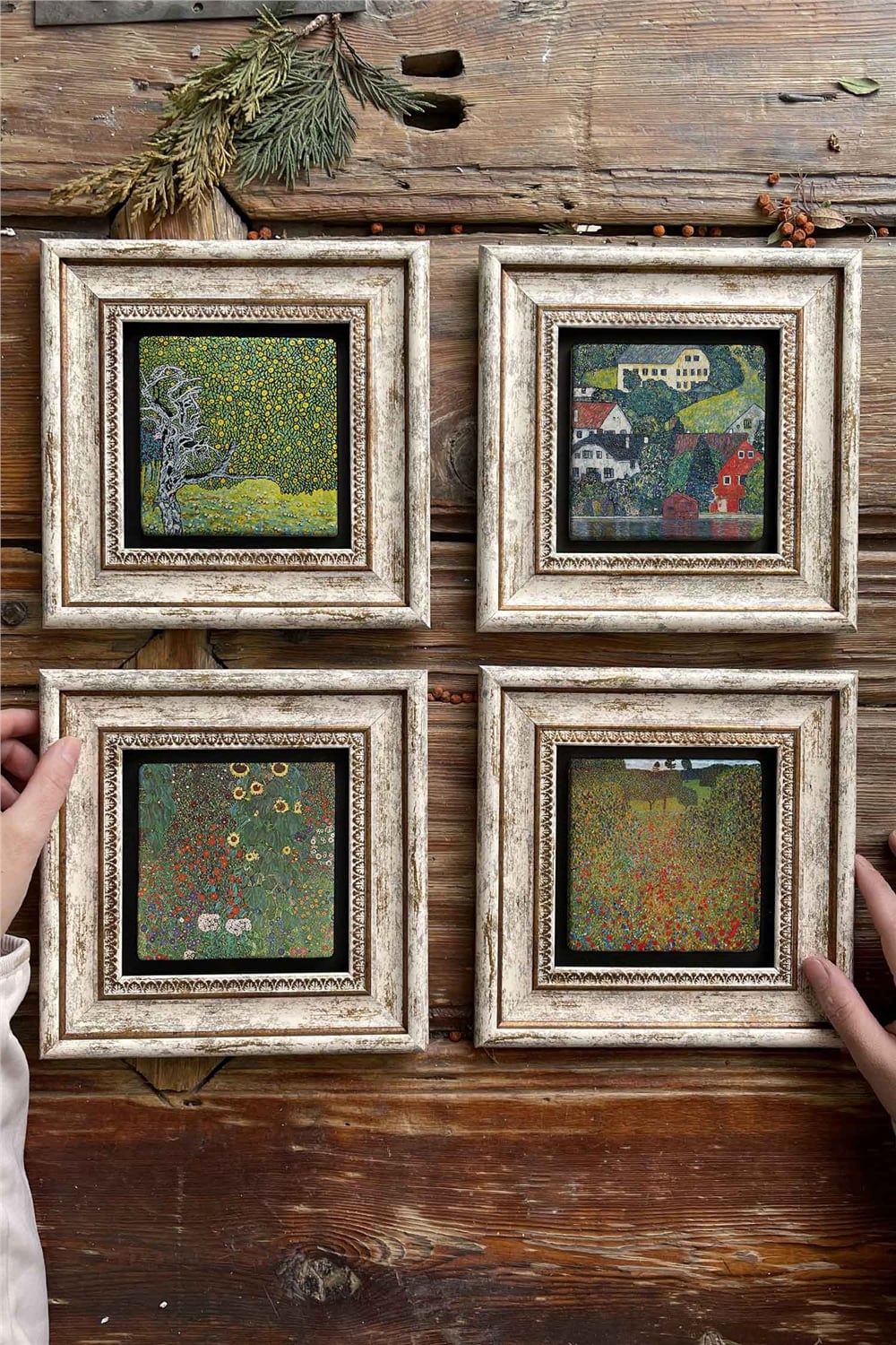 Oscar Stone Decor Çerçeveli Taş Tablo Duvar Dekoru 20x20cm 4'lü Set Gustav Klimt Tabloları
