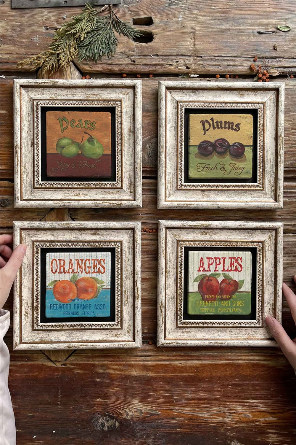 Oscar Stone Decor Çerçeveli Taş Tablo Duvar Dekoru 20x20cm 4'lü Set Pears Apples Oranges Set