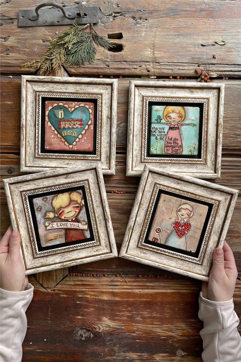 Oscar Stone Decor Çerçeveli Taş Tablo Duvar Dekoru 20x20cm 4'lü Set I Love You Set