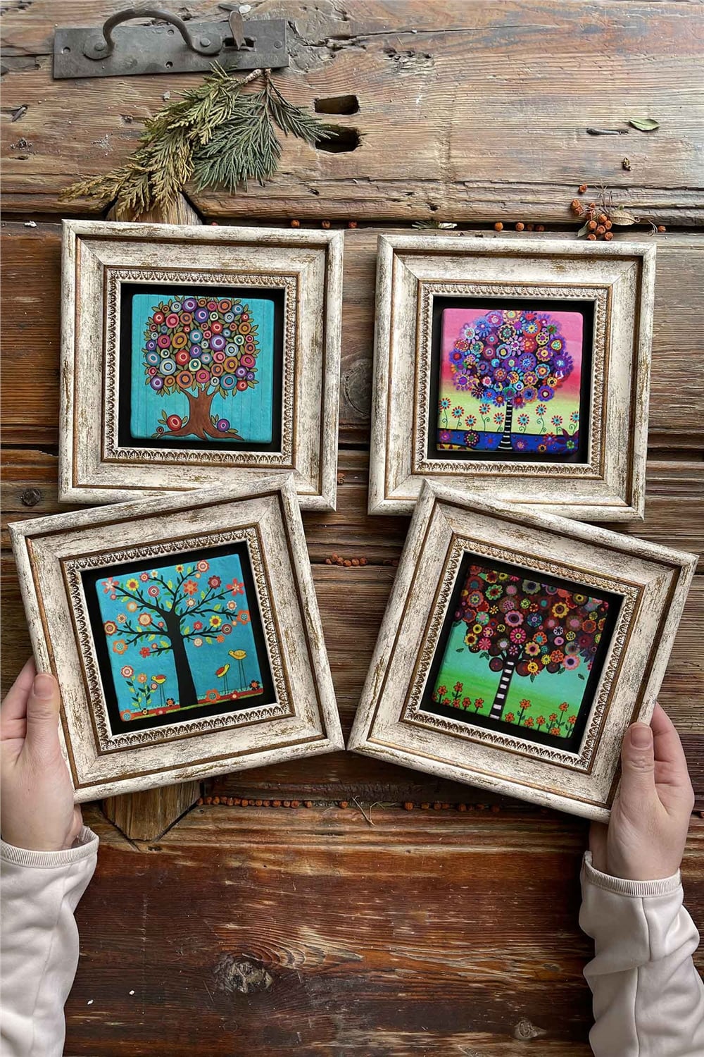 Oscar Stone Decor Çerçeveli Taş Tablo Duvar Dekoru 20x20cm 4'lü Set Hayat Ağacı Set