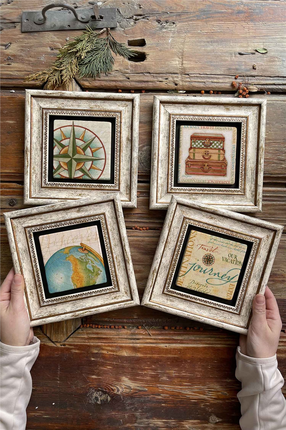Oscar Stone Decor Çerçeveli Taş Tablo Duvar Dekoru 20x20cm 4'lü Set Seyyah Seti Gezgin Tabloları