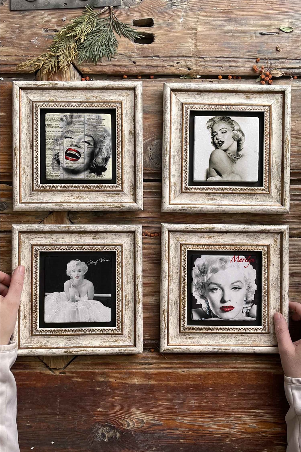 Oscar Stone Decor Çerçeveli Taş Tablo Duvar Dekoru 20x20cm 4'lü Set Marilyn Monreo Set