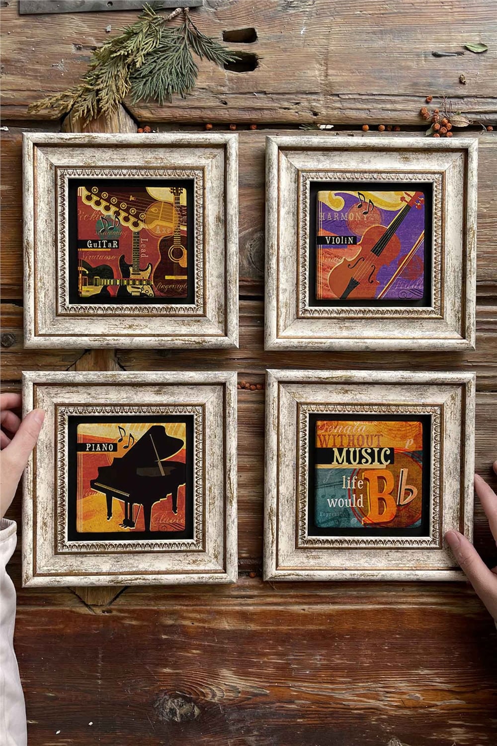 Oscar Stone Decor Çerçeveli Taş Tablo Duvar Dekoru 20x20cm 4'lü Set Music Set Müzik