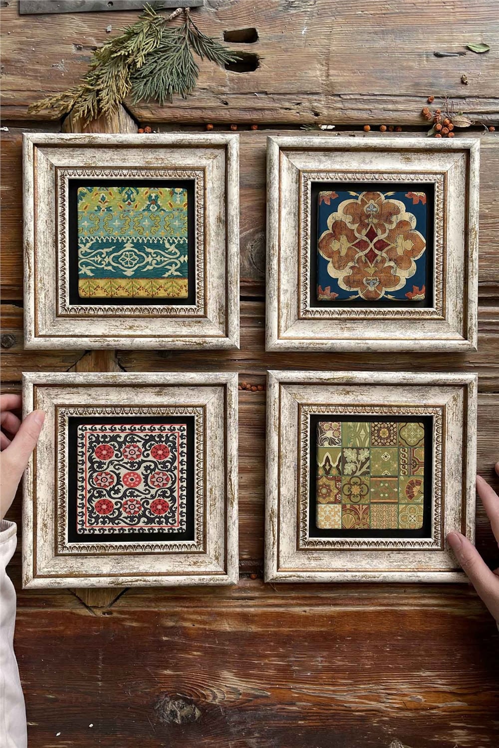 Oscar Stone Decor Çerçeveli Taş Tablo Duvar Dekoru 20x20cm 4'lü Set