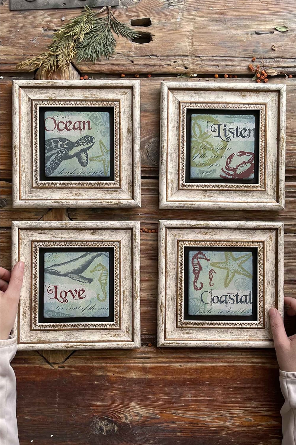Oscar Stone Decor Çerçeveli Taş Tablo Duvar Dekoru 20x20cm 4'lü Set