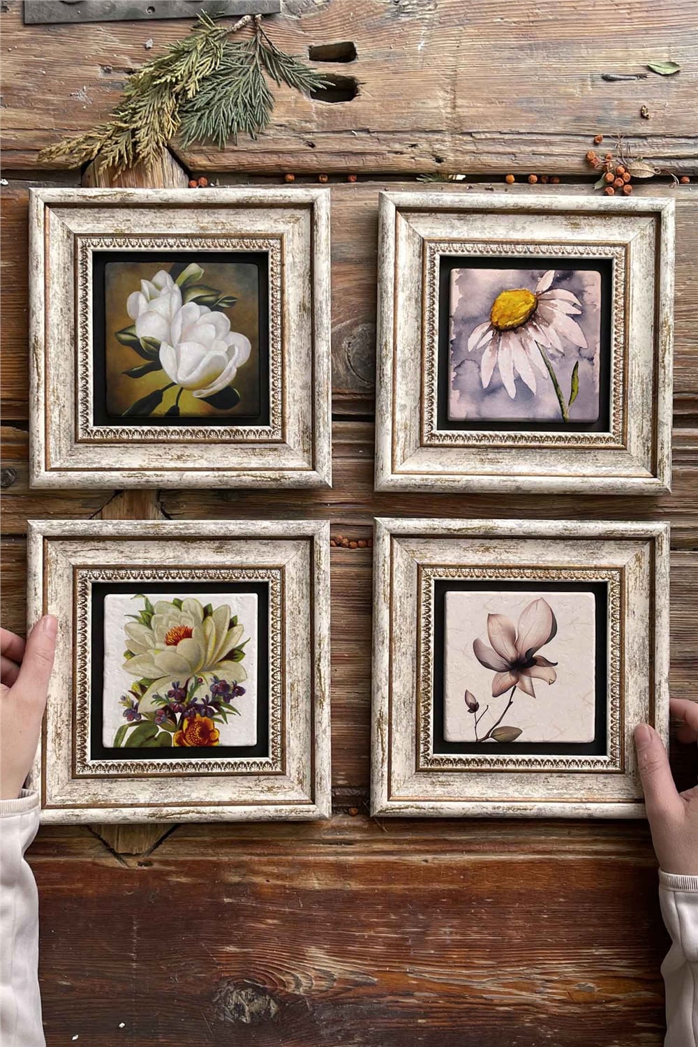Oscar Stone Decor Çerçeveli Taş Tablo Duvar Dekoru 20x20cm 4'lü Set Flower Set Çiçek Seti
