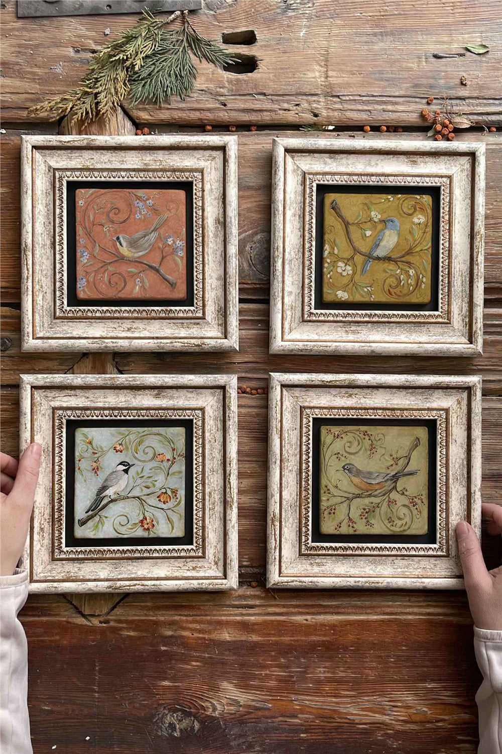 Oscar Stone Decor Çerçeveli Taş Tablo Duvar Dekoru 20x20cm 4'lü Set Kuş Seti