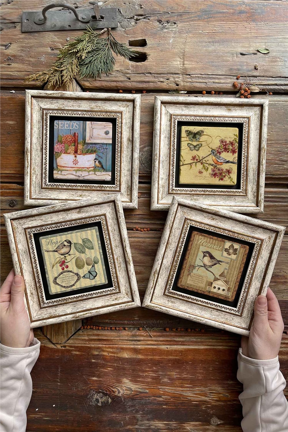 Oscar Stone Decor Çerçeveli Taş Tablo Duvar Dekoru 20x20cm 4'lü Set Kuş Seti