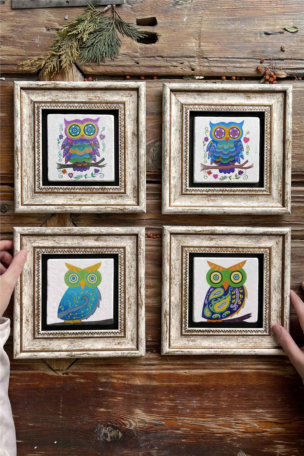Oscar Stone Decor Çerçeveli Taş Tablo Duvar Dekoru 20x20cm 4'lü Set Baykuş Seti